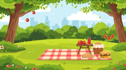 Obraz premium In a scenic urban setting, this image shows a picnic setup with a red and white blanket, a table with food including a burger and apples, under trees with a city skyline backdrop.