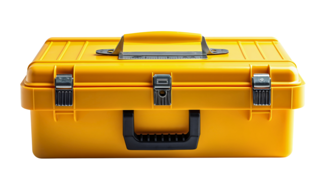 Closeup of yellow toolbox isolated on transparent background. Repair and construction maintenance equipment tools, workshop service container with metal handle, set, toolkit, case