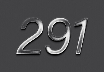 Chrome metal 3D number design of 291 on grey background.
