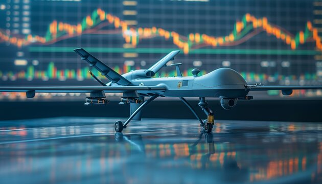 A detailed military drone set against a backdrop of stock charts, representing the synergy between defense technology and financial analytics. Perfect for tech and investment visuals.