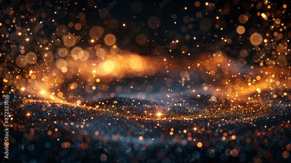 Poster golden bokeh lights on dark background. abstract golden bokeh lights sparkle against a dark backgrou