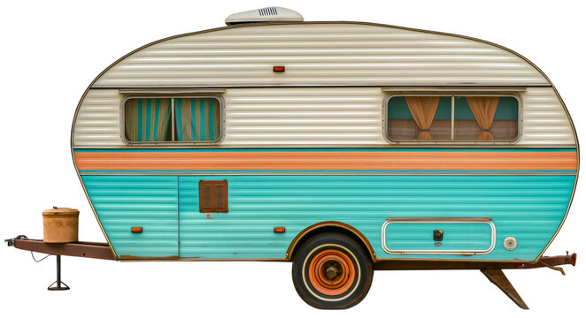 Vintage travel trailer isolated on transparent background. Retro summer adventure transport camper caravan mobile RV vehicle, classic camping house, outdoor journey or trip