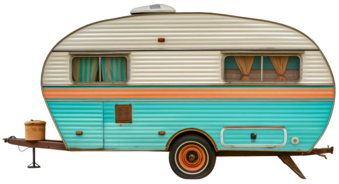 Vintage travel trailer isolated on transparent background. Retro summer adventure transport camper caravan mobile RV vehicle, classic camping house, outdoor journey or trip