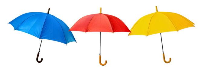 Three open umbrellas of different colors, blue, yellow and red isolated on transparent background. Rain weather protection accessory object with handle, meteorology, safety