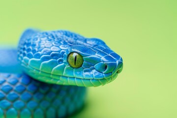 Face and head of blue viper snake, Trimeresurus Insularis, animal closeup.