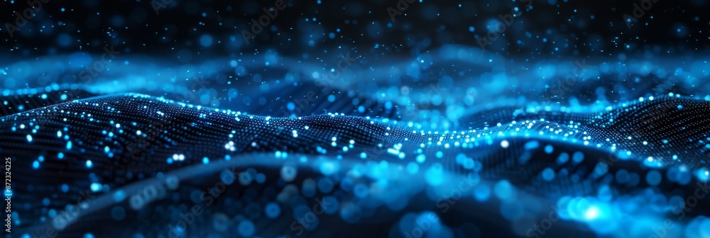 Poster abstract blue dots forming digital waves. blue dots forming digital waves on a dark background, crea