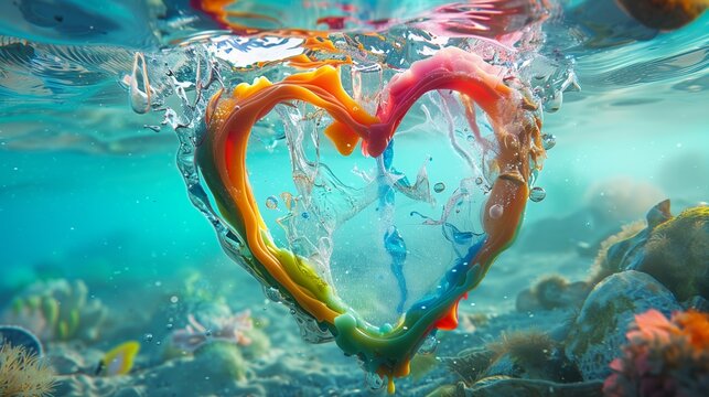A heart-shaped symbol formed from colored wax, melted into a calm underwater scene with gentle blues, sea greens, and hints of coral pinks. - Powered by Adobe