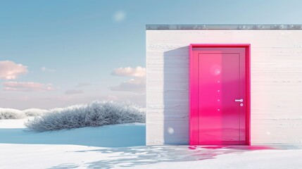 glossy hot pink door on a minimalist house, providing a bold statement against a snowy backdrop