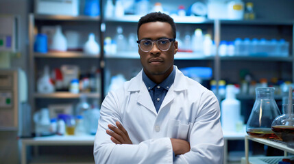 Fototapeta premium Portrait of young black African American scientist wearing protective glasses, standing in a laboratory interior. Chemist professional, medical experiment and research, copy space, specialist