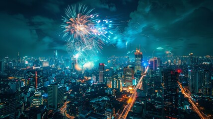 A panoramic view of a city skyline illuminated by a grand fireworks show
