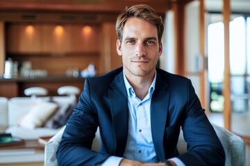 Fototapeta premium confident young businessman in a navy blue suit sits in a modern office