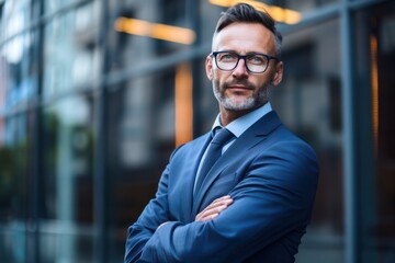 Fototapeta premium professional confident businessman with glasses in blue suit standing outside modern office building