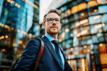 Obraz premium confident young businessman in formal attire with backpack in modern city, professional business portrait