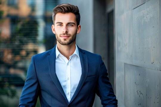 confident young businessman in navy blue suit and white shirt standing outdoors, corporate professional business portrait
