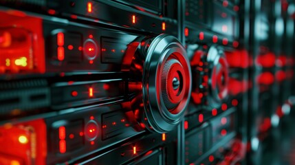 Obraz premium abstract data storage system glowing red lights high-tech backup technology cybersecurity