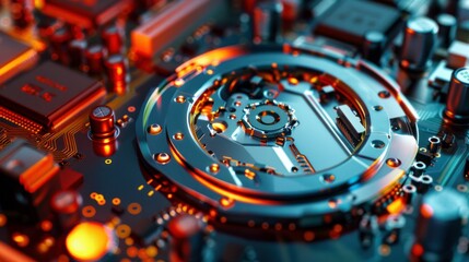 futuristic data storage technology with glowing orange and blue elements on a circuit board, high-tech innovation