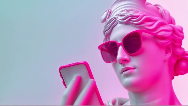 Classical Statue with Pink Sunglasses Uses a Smartphone. Fashion, Social Media, Art Concept. Venus de Milo Goes Viral	