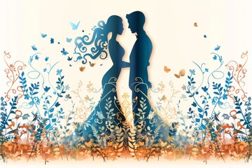 Silhouetted couple with intricate floral elements modern and elegant digital illustration representing love and nature