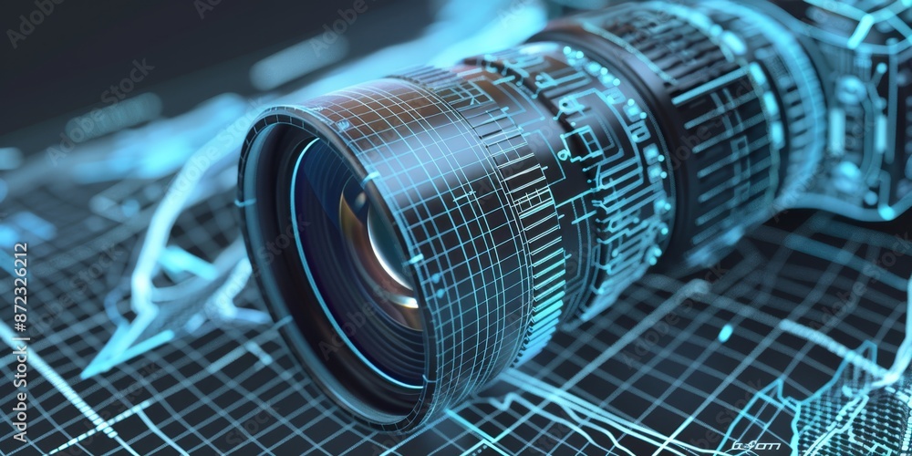 Poster advanced digital camera lens rendering, showcasing cutting-edge technology and precision in modern p