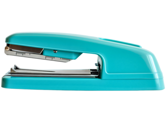 Blue stapler object isolated on transparent background. Stationery business office equipment tool, school paper document clip machine, secretary accessory, puncher, attach, clamp