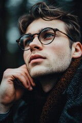 Obraz premium thoughtful young man with glasses and tousled hair looks upward