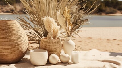 A beach scene with a vase of flowers and a basket of flowers