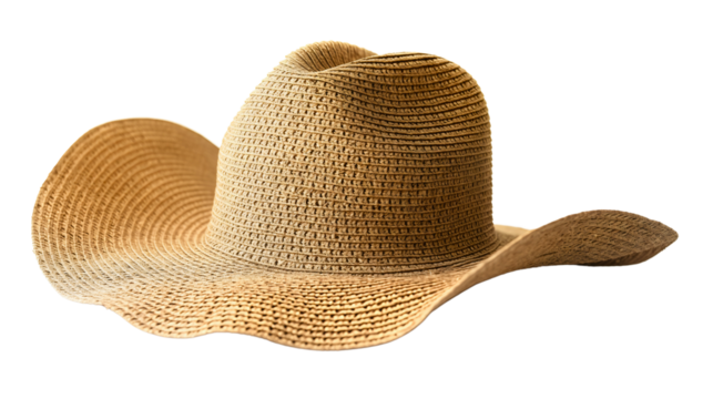Straw hat isolated on transparent background. Headgear or headwear retro vintage brown beige yellow woven cowboy cap, traditional, classic