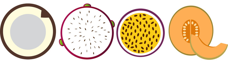 Fruit wector set illustration coconut, Passion Fruit, Dragon Fruit, Melon
