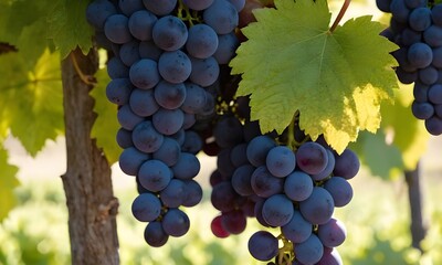 Naklejka premium close-up In a sun-drenched vineyard, Ripe Grapes Hanging in a Vineyard at Sunset