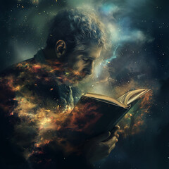 A person engrossed in a book surrounded by ethereal, cosmic elements, generating a surreal fusion of literature and the universe, symbolizing knowledge and imagination.