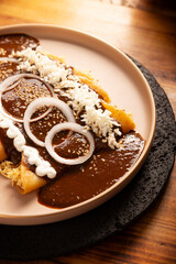 Chicken enmoladas. Also known as mole poblano enchiladas, they are a typical Mexican dish that is very popular in Mexico and the rest of the world.