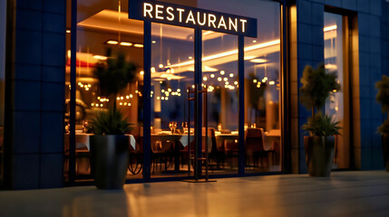 Glowing sign text restaurant above the glass door entrance in luxury cafeteria at night. Exterior view of modern business building architecture, outdoor facade, city street view, advertising banner