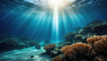 Fototapeta premium An underwater scene featuring vibrant coral reefs illuminated by beams of sunlight penetrating the ocean surface, showcasing the beauty of marine biodiversity.