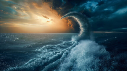 Tornado or hurricane wind water cyclone wave cloud over the sea or ocean. Dark blue thunderstorm weather, twister typhoon cloudscape, dangerous dramatic meteorology, natural disaster and catastrophe