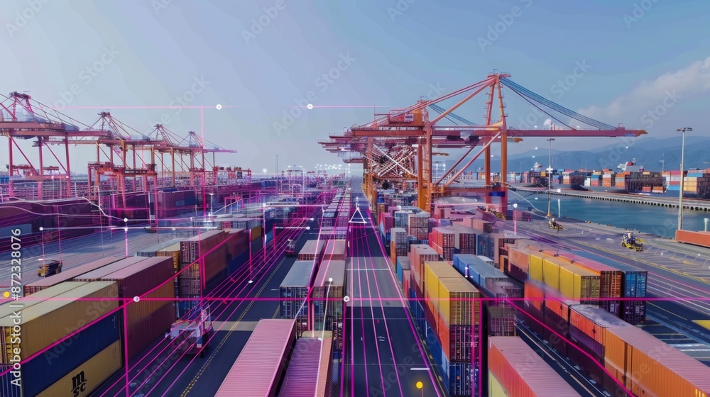 Poster Aerial view of a busy container port with cranes loading and unloading cargo. A network of pink lines highlight the complex logistics involved in global trade.