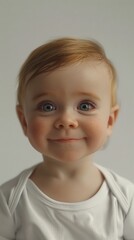 Smiling Baby with Bright Eyes. Close-up portrait of a happy baby with big blue eyes and a cute smile, wearing a white outfit.