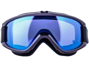 Blue skiing glasses isolated on transparent background. Winter vacation holiday snow activity eyewear protection equipment. Plastic or glass goggles mask, safety accessories object, reflection