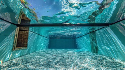 A pool with a glass bottom, offering a unique view of the underwater world beneath