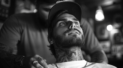 Tattoo artist works on a client's neck tattoo in a dimly lit studio. The client, with a beard and cap, looks upwards, showcasing detailed ink work. Barber at work.