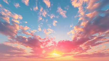 Obraz premium Pink orange and light blue sunset or sunrise sky landscape with clouds. Beautiful summer evening twilight or morning dawn, peaceful pastel dusk horizon