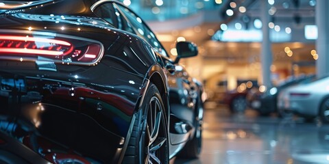 Close-up from the back of a black luxury car standing at a luxury car showroom. Auto show.