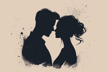 Silhouetted couple in an abstract splash of black and beige modern and expressive digital illustration representing love and connection