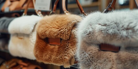 Stylish furry bag displayed in a boutique, showcasing fashionable accessories in a luxurious retail environment.