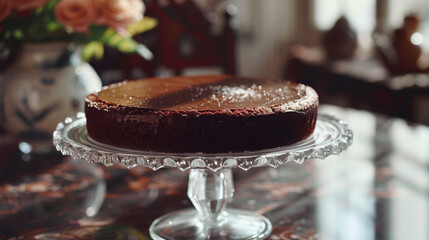 A brownie round cake on a crystall plateau