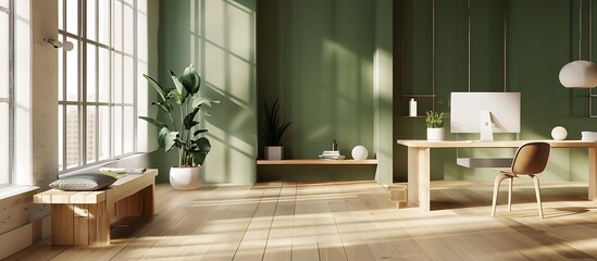 Modern office vibe, beige and forest green, minimalist layout, 32k UHD,