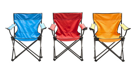 Group set of three camping chairs of different colors, blue red and yellow isolated on transparent background. Portable foldable seat furniture to rest and relax, outdoor travel tourism equipment
