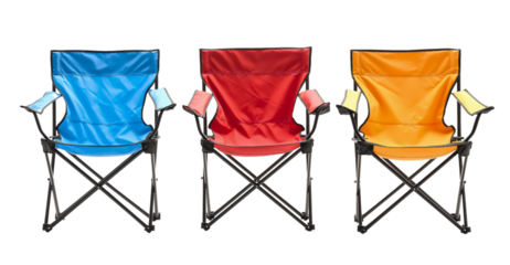 Group set of three camping chairs of different colors, blue red and yellow isolated on transparent background. Portable foldable seat furniture to rest and relax, outdoor travel tourism equipment