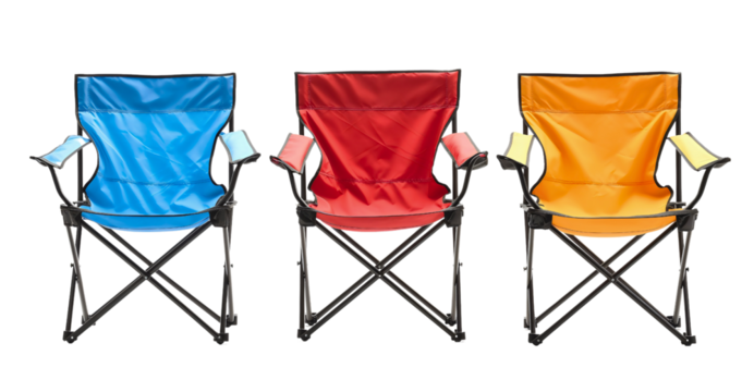 Group set of three camping chairs of different colors, blue red and yellow isolated on transparent background. Portable foldable seat furniture to rest and relax, outdoor travel tourism equipment