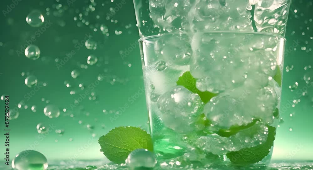 Wall mural Refreshing mint and sparkling water drink with bubbles in close up 4k animation