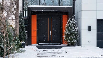 matte black door with bright orange accents on a contemporary house, creating a bold entrance in a snowy setting